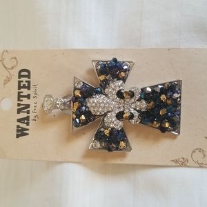 New Cross Silver Fleur De Lis Rhinestone Pendant